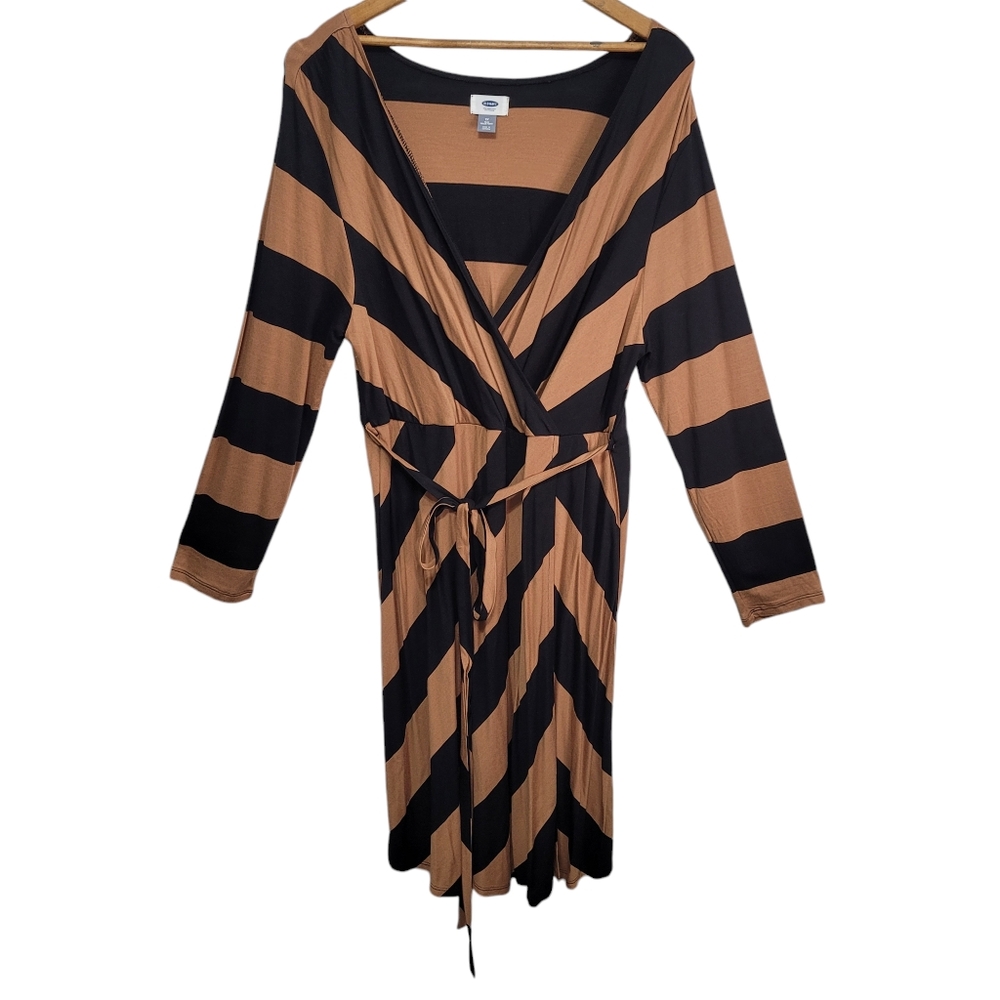 Old Navy Black And Tan Stripe Wrap Style Dress Size 1X Classic Feminine Office